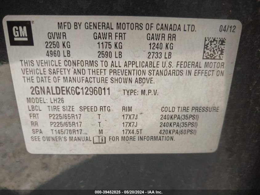 2012 Chevrolet Equinox 1Lt VIN: 2GNALDEK6C1296011 Lot: 39452825