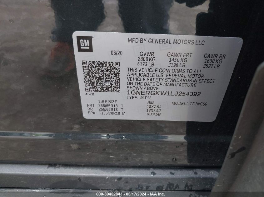 2020 Chevrolet Traverse Fwd Lt Cloth VIN: 1GNERGKW1LJ254392 Lot: 39452843