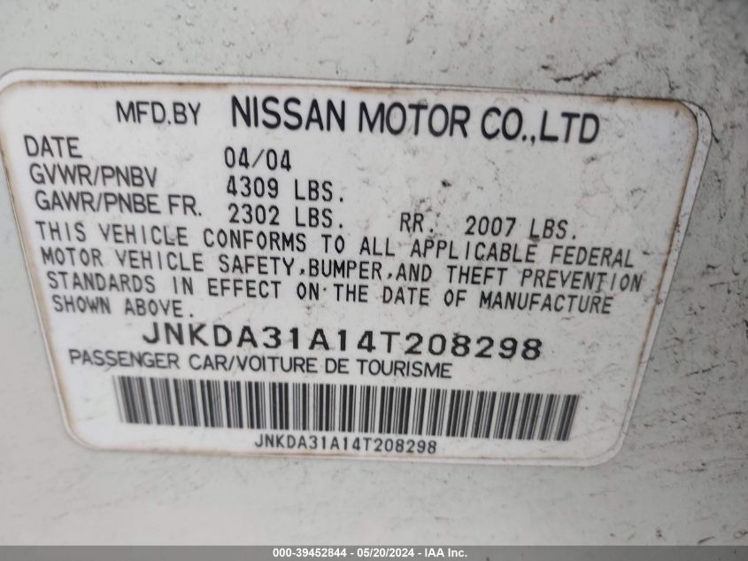 2004 Infiniti I35 Luxury VIN: JNKDA31A14T208298 Lot: 39452844