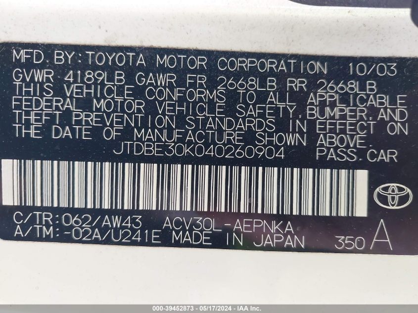 2004 Toyota Camry Le VIN: JTDBE30K040260904 Lot: 39452873