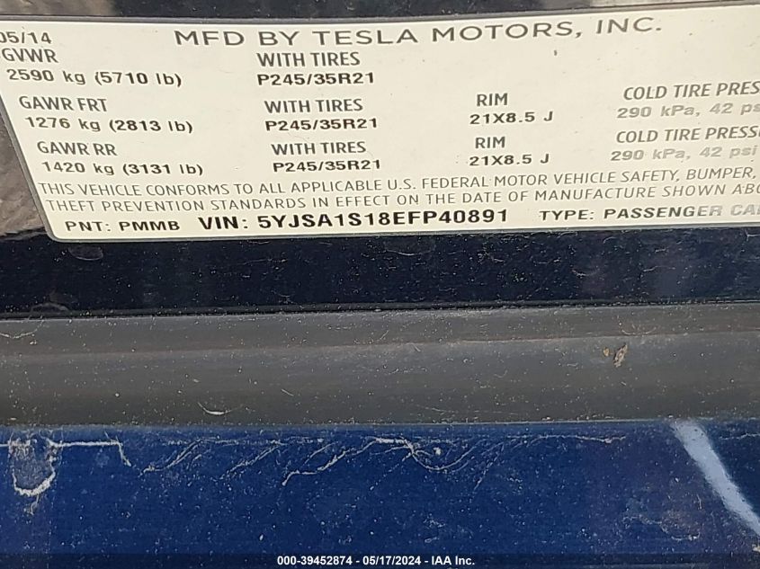 2014 Tesla Model S 60 Kwh Battery VIN: 5YJSA1S18EFP40891 Lot: 39452874