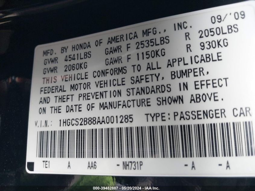 2010 Honda Accord 3.5 Ex-L VIN: 1HGCS2B88AA001285 Lot: 39452887