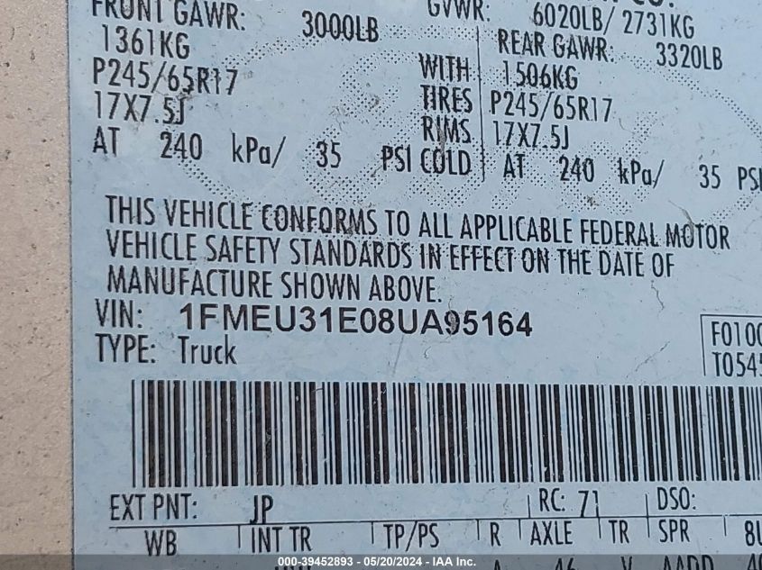 2008 Ford Explorer Sport Trac Xlt VIN: 1FMEU31E08UA95164 Lot: 39452893