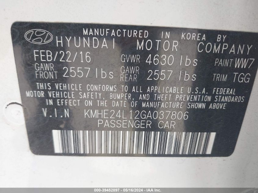 2016 Hyundai Sonata Hybrid Se VIN: KMHE24L12GA037806 Lot: 39452897