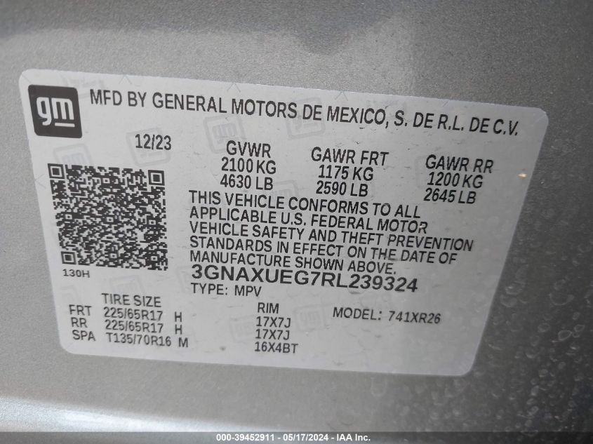 2024 Chevrolet Equinox Lt VIN: 3GNAXUEG7RL239324 Lot: 39452911