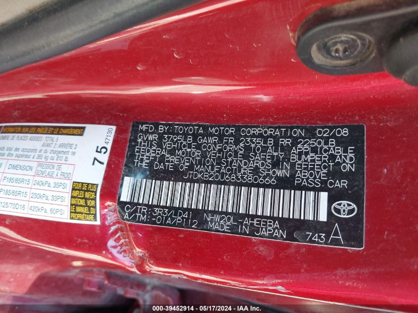 2008 Toyota Prius VIN: JTDKB20U683380666 Lot: 39452914