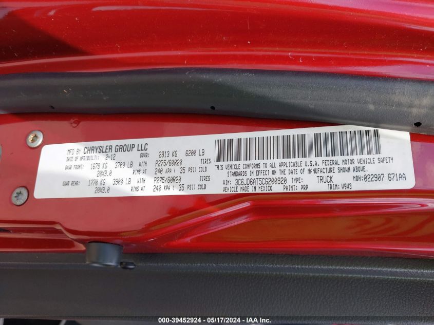 2012 Ram 1500 St VIN: 3C6JD6AT5CG200920 Lot: 39452924