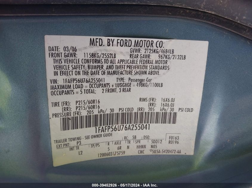 2006 Ford Taurus Sel VIN: 1FAFP56U76A255041 Lot: 39452926