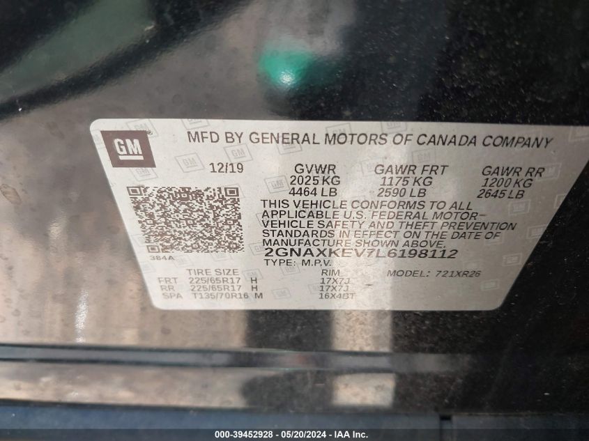 2020 Chevrolet Equinox Fwd Lt 1.5L Turbo VIN: 2GNAXKEV7L6198112 Lot: 39452928