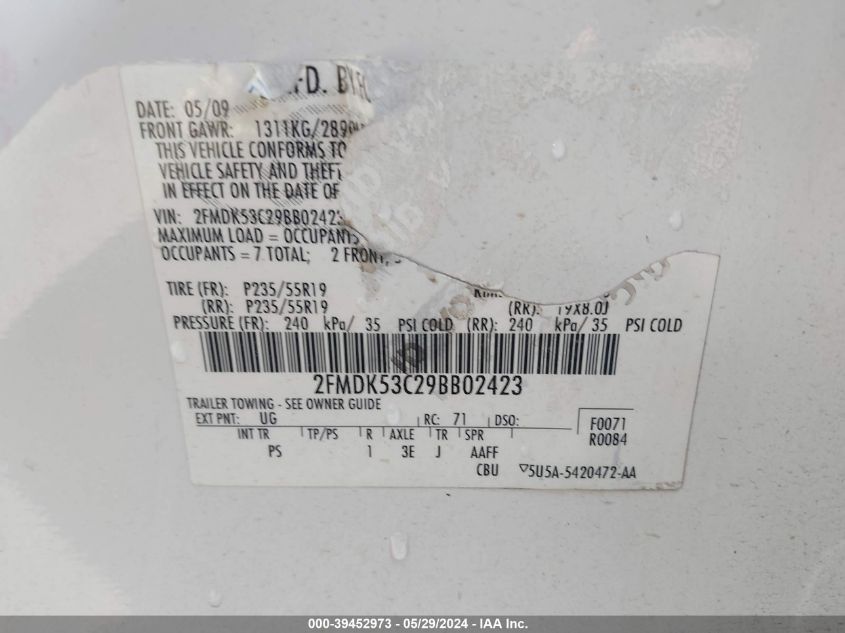 2009 Ford Flex Limited VIN: 2FMDK53C29BB02423 Lot: 39452973