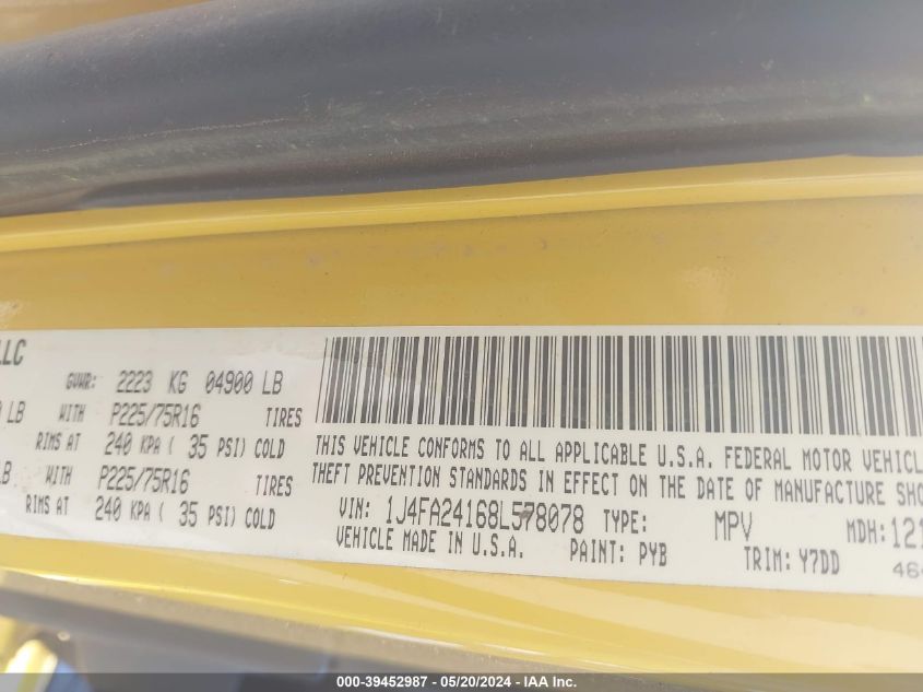 2008 Jeep Wrangler X VIN: 1J4FA24168L578078 Lot: 39452987