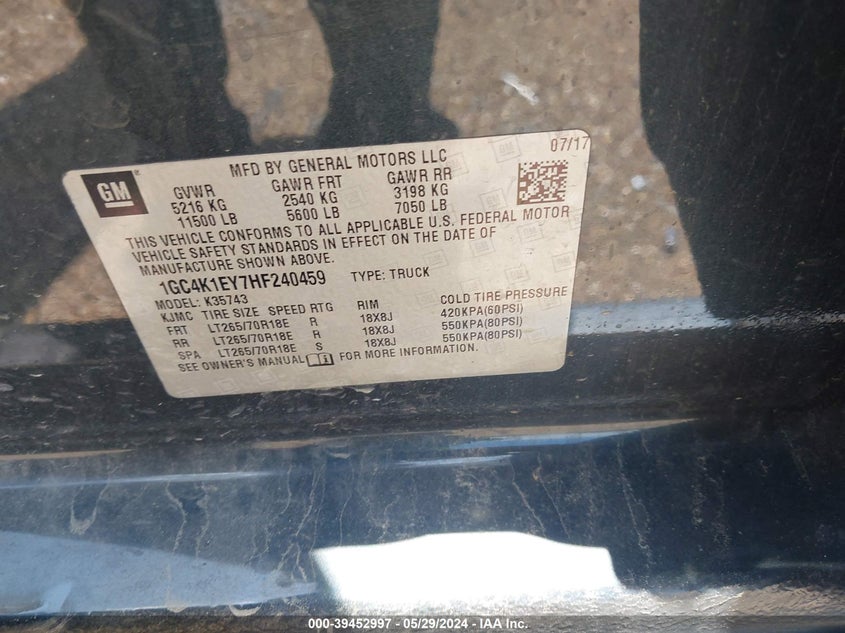 2017 Chevrolet Silverado 3500Hd High Country VIN: 1GC4K1EY7HF240459 Lot: 39452997