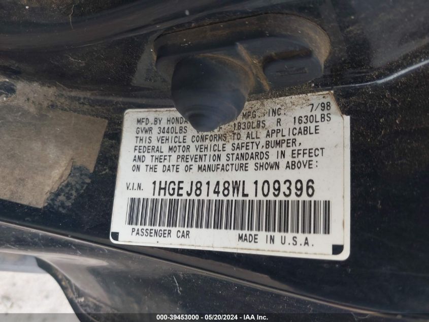 1998 Honda Civic Ex VIN: 1HGEJ8148WL109396 Lot: 39453000