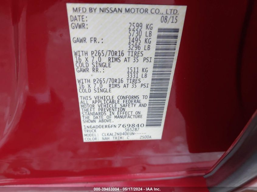 2015 NISSAN FRONTIER SV - 1N6AD0ER6FN769840