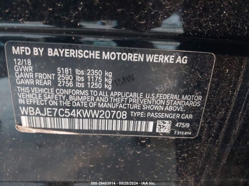 2019 BMW 540I xDrive VIN: WBAJE7C54KWW20708 Lot: 39453014