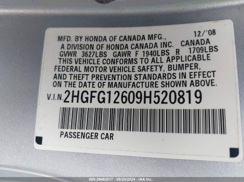 2009 Honda Civic Lx VIN: 2HGFG12609H520819 Lot: 39453017