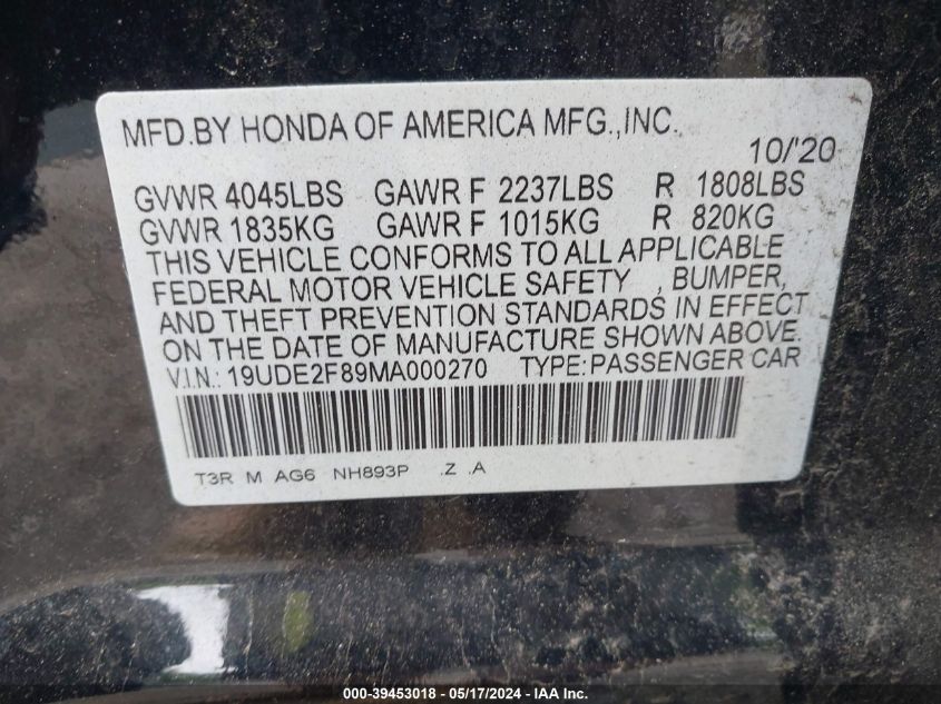 2021 Acura Ilx Premium A-Spec Packages/Technology A-Spec Packages VIN: 19UDE2F89MA000270 Lot: 39453018
