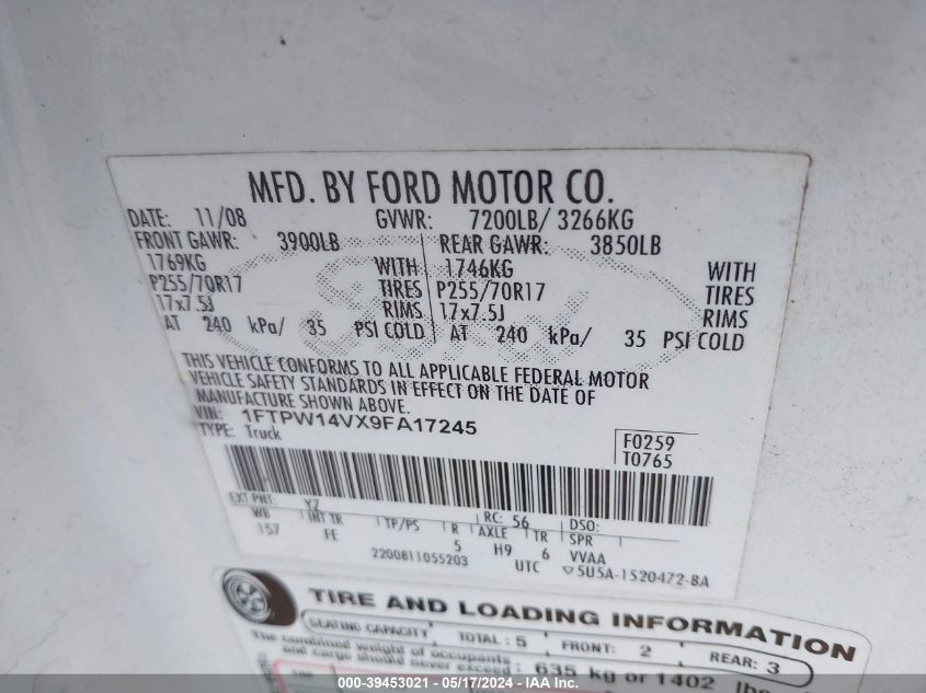 2009 Ford F-150 Fx4/King Ranch/Lariat/Platinum/Xl/Xlt VIN: 1FTPW14VX9FA17245 Lot: 39453021