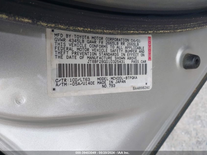 2001 Lexus Es 300 VIN: JT8BF28G010325431 Lot: 39453049