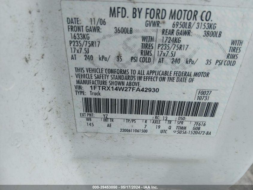 2007 Ford F-150 Fx4/Stx/Xl/Xlt VIN: 1FTRX14W27FA42930 Lot: 39453050
