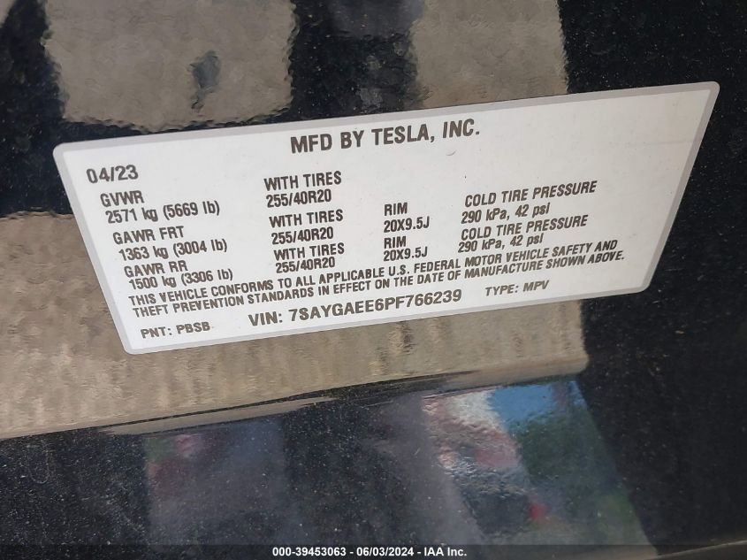 2023 Tesla Model Y Awd/Long Range Dual Motor All-Wheel Drive VIN: 7SAYGAEE6PF766239 Lot: 39453063