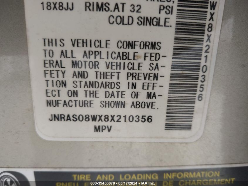 2008 Infiniti Fx35 VIN: JNRAS08WX8X210356 Lot: 39453070