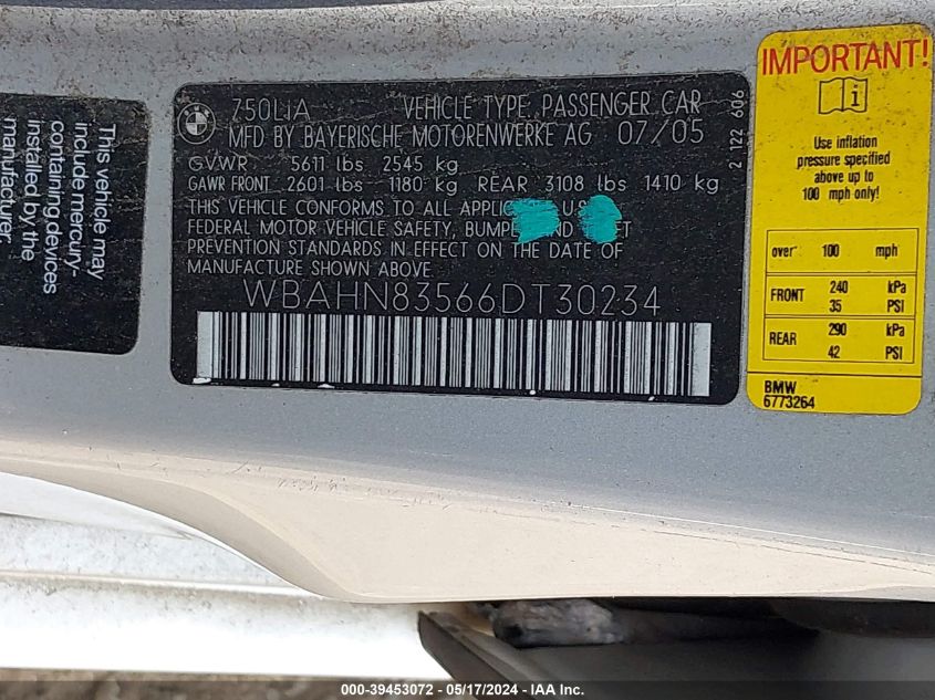 2006 BMW 750Li VIN: WBAHN83566DT30234 Lot: 39453072
