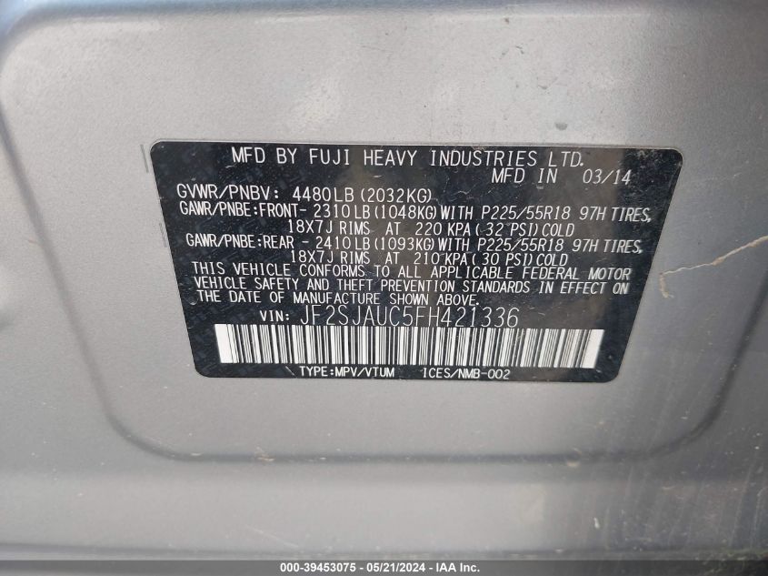 2015 Subaru Forester 2.5I Touring VIN: JF2SJAUC5FH421336 Lot: 39453075