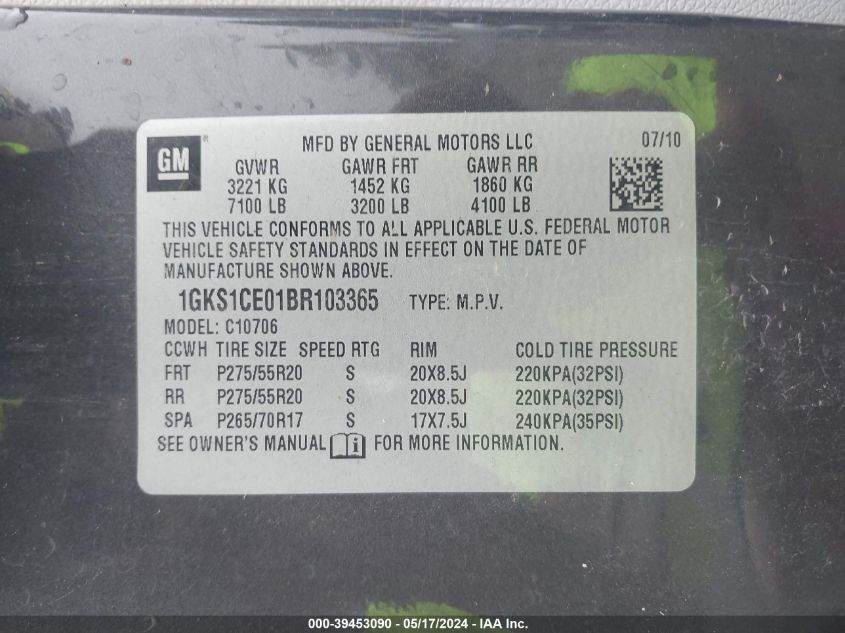 2011 GMC Yukon Slt VIN: 1GKS1CE01BR103365 Lot: 39453090