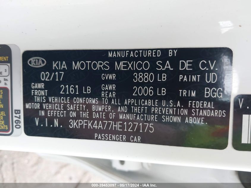 2017 Kia Forte Lx VIN: 3KPFK4A77HE127175 Lot: 39453097