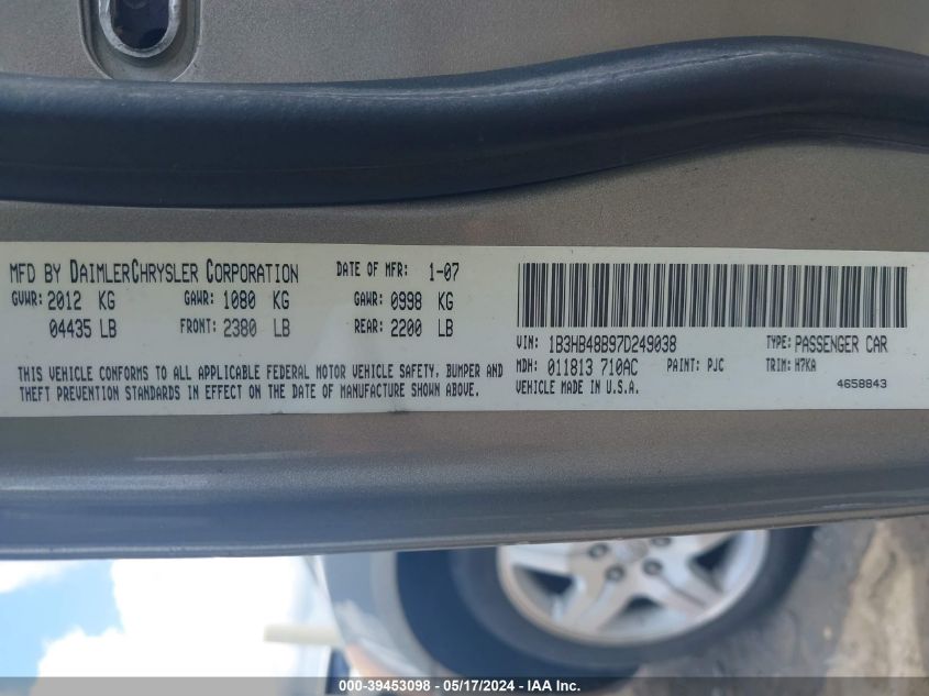 2007 Dodge Caliber Sxt VIN: 1B3HB48B97D249038 Lot: 39453098