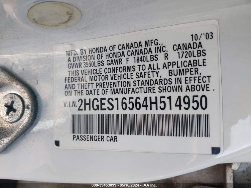 2004 Honda Civic Lx VIN: 2HGES16564H514950 Lot: 39453099