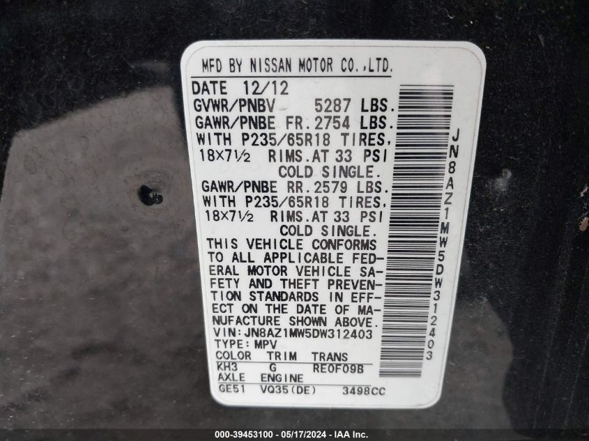 2013 Nissan Murano Sl VIN: JN8AZ1MW5DW312403 Lot: 39453100