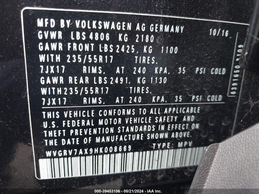 2017 VOLKSWAGEN TIGUAN WOLFSBURG - WVGRV7AX9HK008669