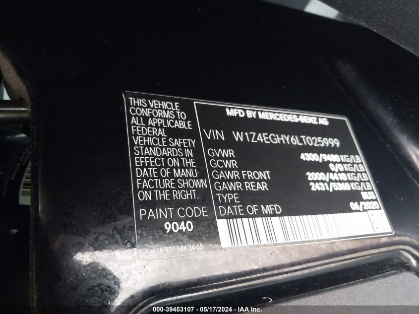 2020 Mercedes-Benz Sprinter 2500 High Roof V6 VIN: W1Z4EGHY6LT026568 Lot: 39453107