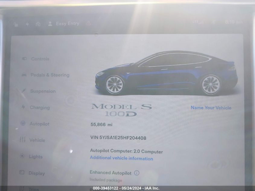 2017 Tesla Model S 100D/60D/75D/90D/P100D VIN: 5YJSA1E25HF204408 Lot: 39453122