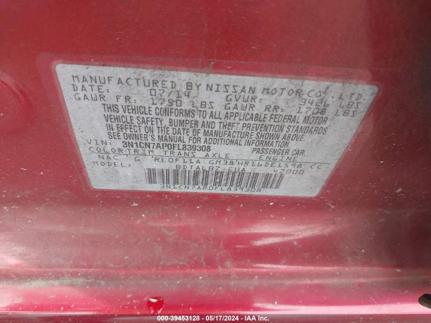 2015 Nissan Versa 1.6 S/1.6 S+/1.6 Sl/1.6 Sv VIN: 3N1CN7AP0FL839308 Lot: 39453128