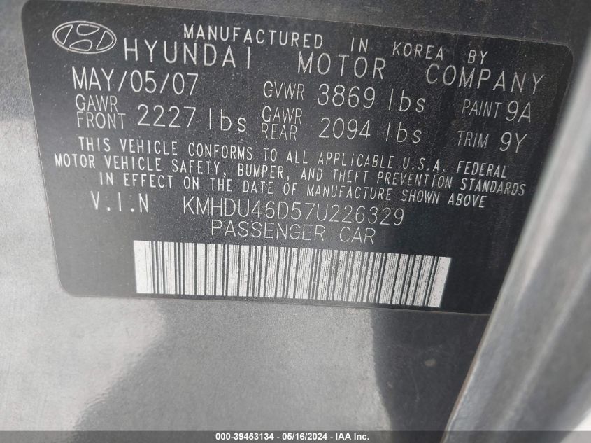 2007 Hyundai Elantra Gls/Limited/Se VIN: KMHDU46D57U226329 Lot: 39453134