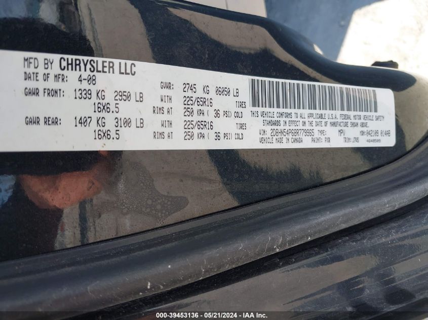 2008 Dodge Grand Caravan Sxt VIN: 2D8HN54P68R779965 Lot: 39453136