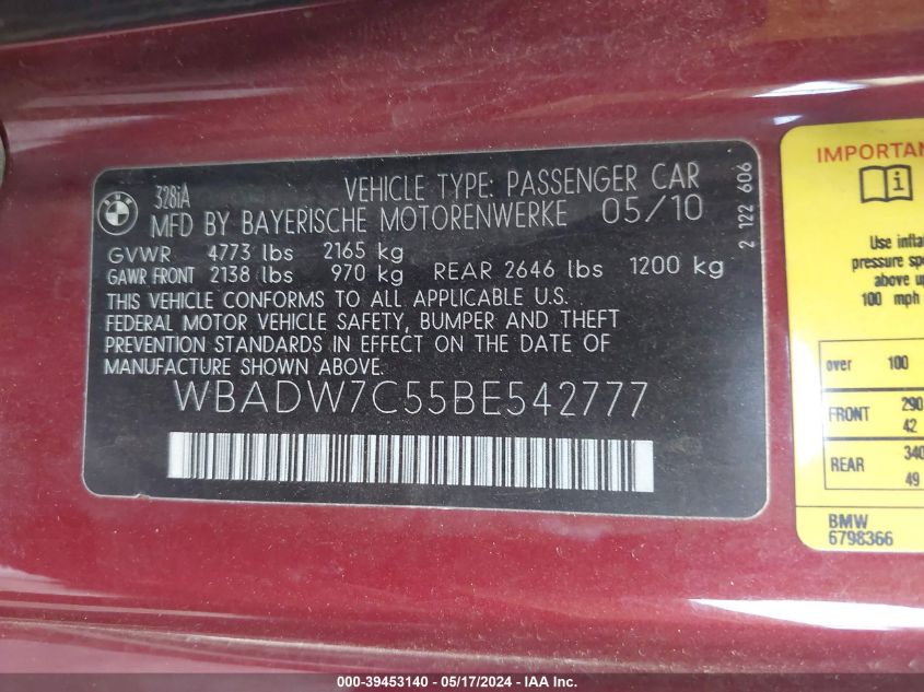 2011 BMW 328I VIN: WBADW7C55BE542777 Lot: 39453140