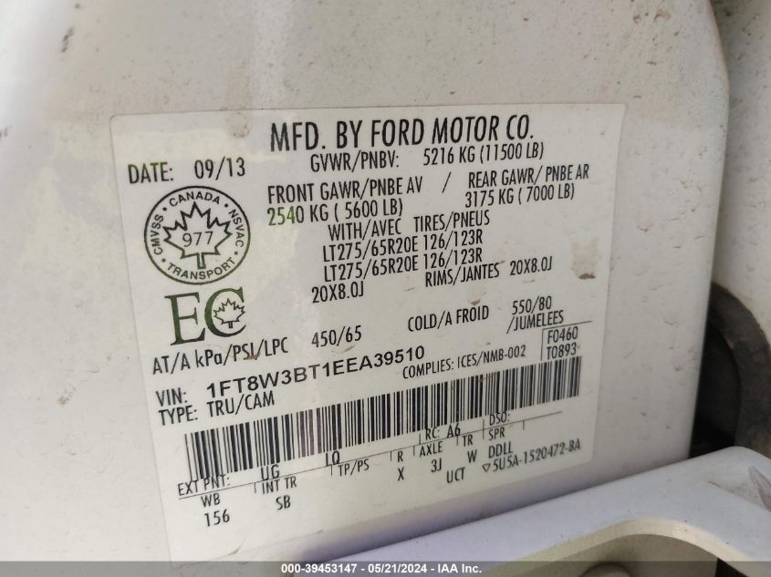 2014 Ford F-350 Lariat VIN: 1FT8W3BT1EEA39510 Lot: 39453147