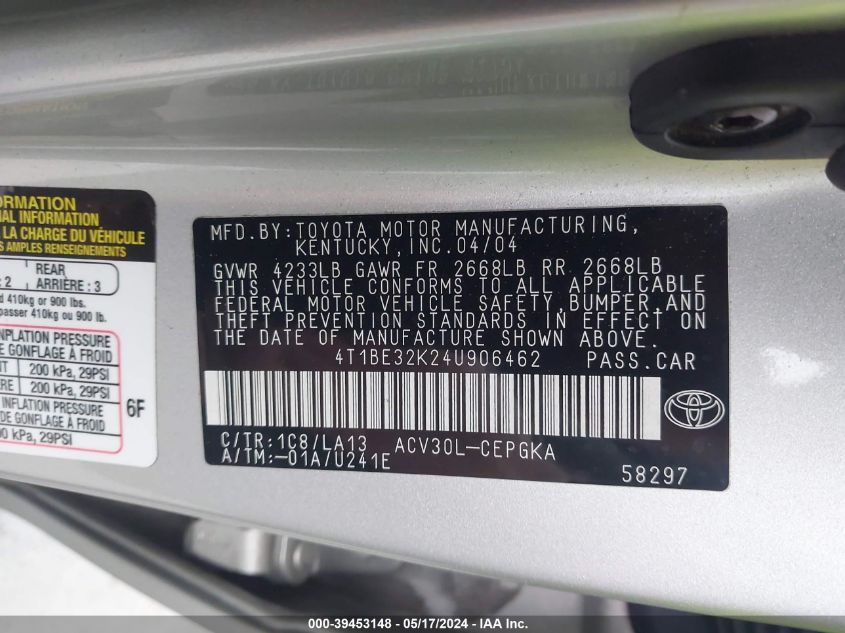 2004 Toyota Camry Xle VIN: 4T1BE32K24U906462 Lot: 39453148