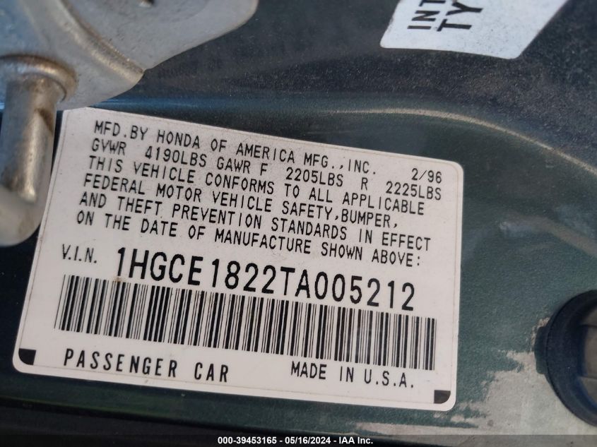 1996 Honda Accord Lx VIN: 1HGCE1822TA005212 Lot: 39453165