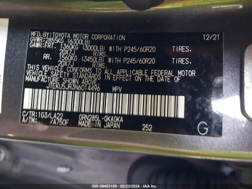 2022 Toyota 4Runner Limited VIN: JTEKU5JR3N6014496 Lot: 39453189