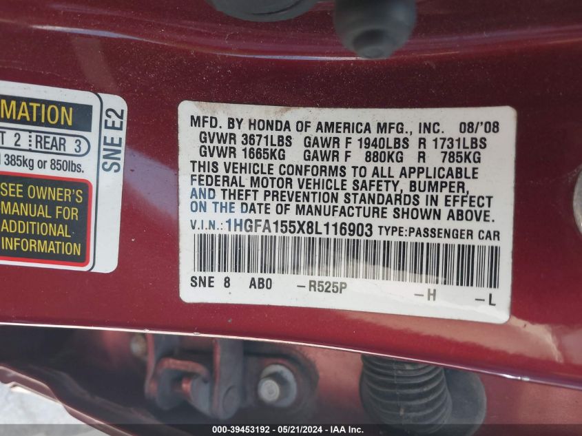 2008 Honda Civic Lx VIN: 1HGFA155X8L116903 Lot: 39453192