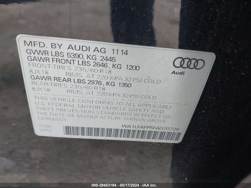 2015 Audi Q5 2.0T Premium VIN: WA1LFAFP5FA070726 Lot: 39453194