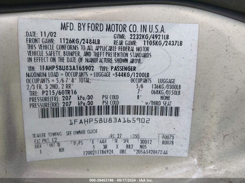 2003 Ford Taurus Se VIN: 1FAHP58U83A165902 Lot: 39453196