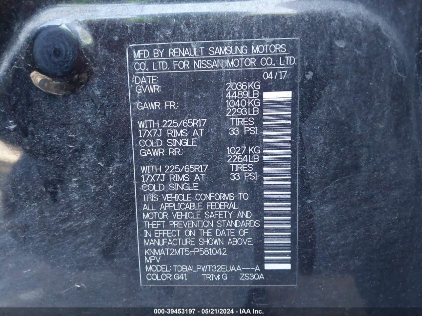 KNMAT2MT5HP581042 2017 Nissan Rogue S