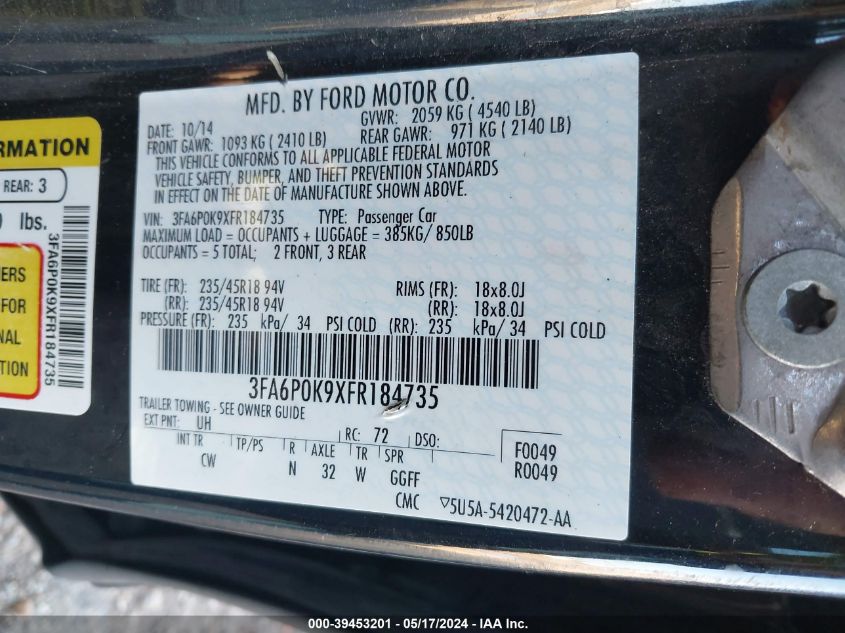 2015 Ford Fusion Titanium VIN: 3FA6P0K9XFR184735 Lot: 39453201