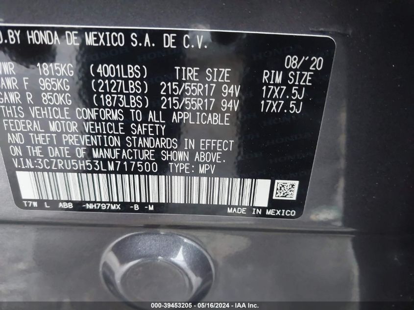 2020 Honda Hr-V 2Wd Ex VIN: 3CZRU5H53LM717500 Lot: 39453205